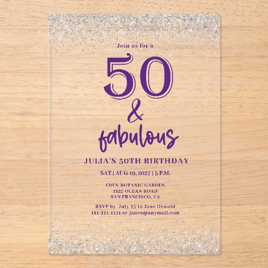 Invitations En Acrylique Parties scintillant d'argent violet 50e fête d'ann (Recto)
