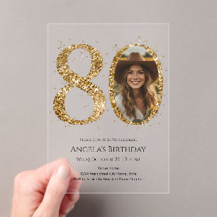 Invitations En Acrylique Parties scintillant d'or 80e anniversaire Photo