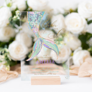 Invitations En Acrylique Parties scintillant d'or Mermaid Queue sous la mer