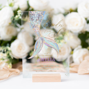 Invitations En Acrylique Parties scintillant d'or Mermaid Tail ONEder Sea A