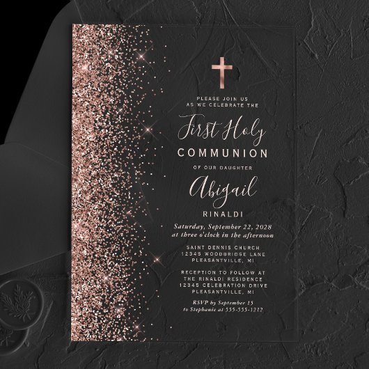 Invitations En Acrylique Parties scintillant d'or rose Texte rose Première