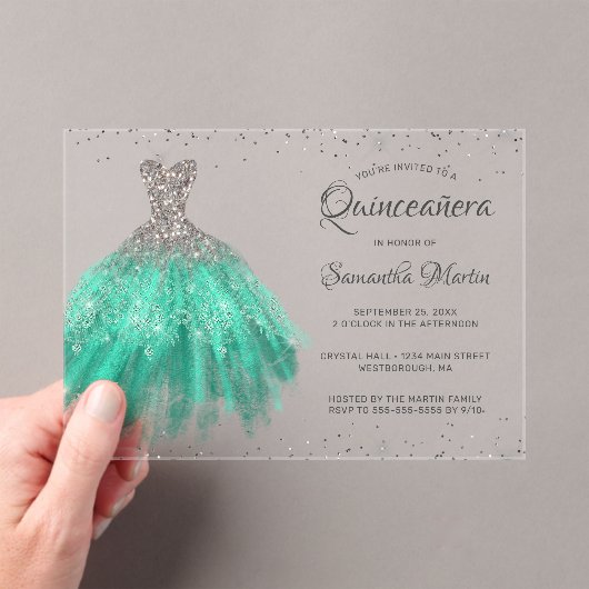 Invitations En Acrylique Parties scintillant en argent Aqua Script Quinceañ (In situ (ordinateur de poche))