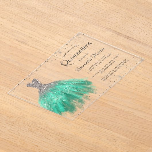 Invitations En Acrylique Parties scintillant en argent Aqua Script Quinceañ (Poser)