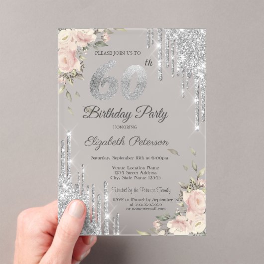 Invitations En Acrylique Parties scintillant en argent, Rose 60e anniversai (In situ (ordinateur de poche))