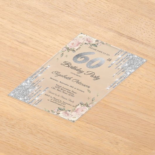 Invitations En Acrylique Parties scintillant en argent, Rose 60e anniversai (Poser)