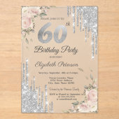 Invitations En Acrylique Parties scintillant en argent, Rose 60e anniversai (Recto)
