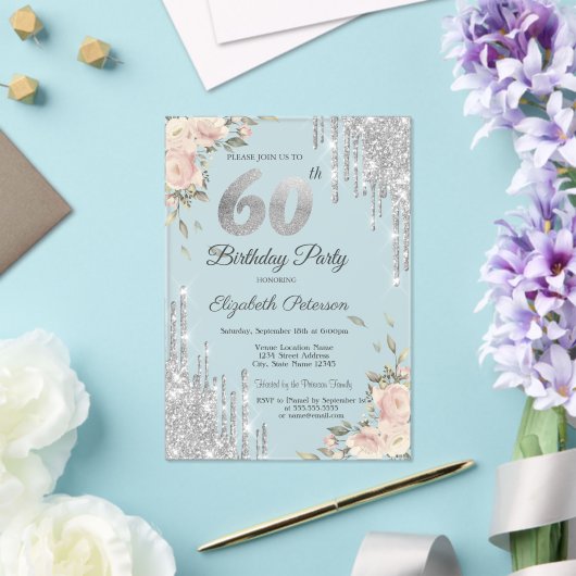 Invitations En Acrylique Parties scintillant en argent, Rose 60e anniversai (Insitu (Mariage))