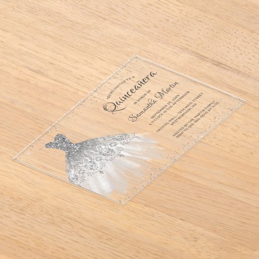 Invitations En Acrylique Parties scintillant en argent Script Quinceañera P (Poser)