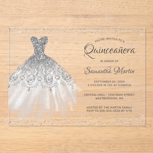 Invitations En Acrylique Parties scintillant en argent Script Quinceañera P (Recto)