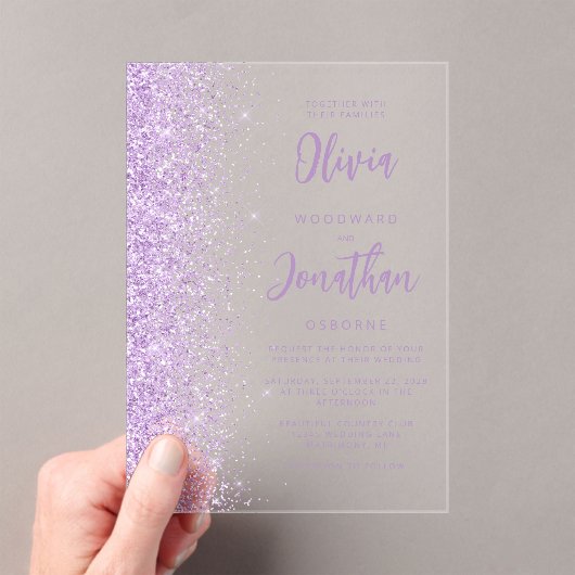 Invitations En Acrylique Parties scintillant Lilac Mariage de script modern (In situ (ordinateur de poche))