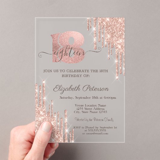 Invitations En Acrylique Parties scintillant modernes Rose Gold 18e anniver (In situ (ordinateur de poche))