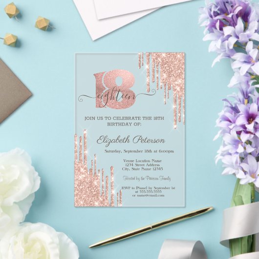Invitations En Acrylique Parties scintillant modernes Rose Gold 18e anniver (Insitu (Mariage))