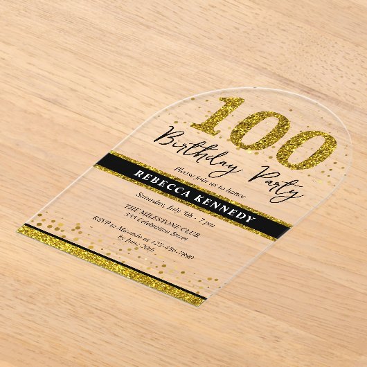 Invitations En Acrylique Parties scintillant Noire et Or 100e anniversaire (Poser)