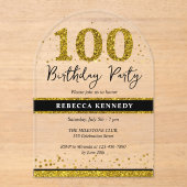 Invitations En Acrylique Parties scintillant Noire et Or 100e anniversaire (Recto)