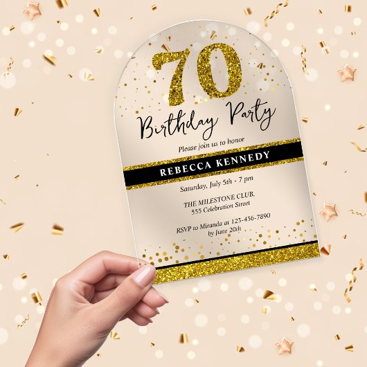 Invitations En Acrylique Parties scintillant Noire et Or 70e anniversaire