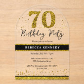 Invitations En Acrylique Parties scintillant Noire et Or 70e anniversaire (Recto)
