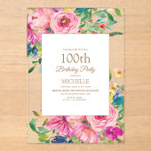 Invitations En Acrylique Parties scintillant or rose jaune floral 100e anni (Recto)