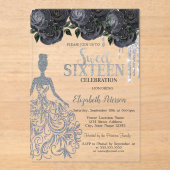 Invitations En Acrylique Parties scintillant, Robe Black Roses Sweet 16 Inv (Recto)