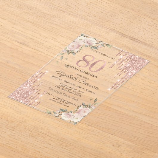 Invitations En Acrylique Parties scintillant Rose Gold Floral 80e anniversa (Poser)