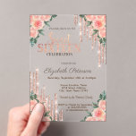 Invitations En Acrylique Parties scintillant Rose Gold Floral Sweet 16<br><div class="desc">Un Sweet 16 moderne,  chic et glamour avec des gouttes de parties scintillant et des fleurs sur un arrière - plan métallique.</div>