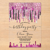 Invitations En Acrylique Parties scintillant rose rose chic goutte monogram (Recto)