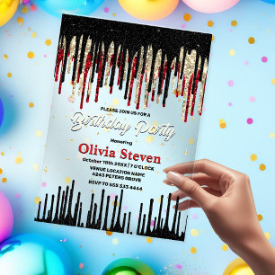 Invitations En Acrylique Parties scintillant rouge chic noir goutte monogra