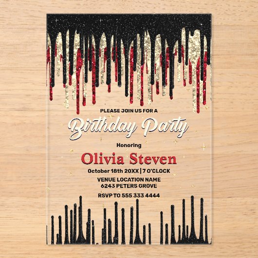 Invitations En Acrylique Parties scintillant rouge chic noir goutte monogra (Recto)