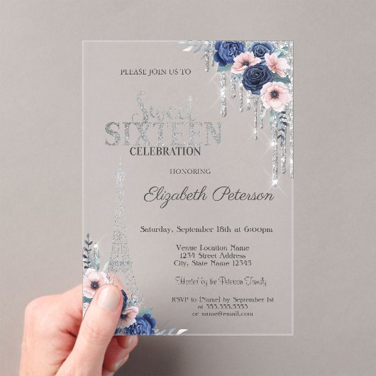 Invitations En Acrylique Parties scintillant, Tour Eiffel Bleu Roses Sweet (In situ (ordinateur de poche))