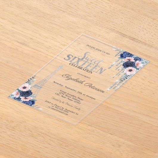 Invitations En Acrylique Parties scintillant, Tour Eiffel Bleu Roses Sweet (Poser)