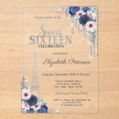 Invitations En Acrylique Parties scintillant, Tour Eiffel Bleu Roses Sweet  (Recto)