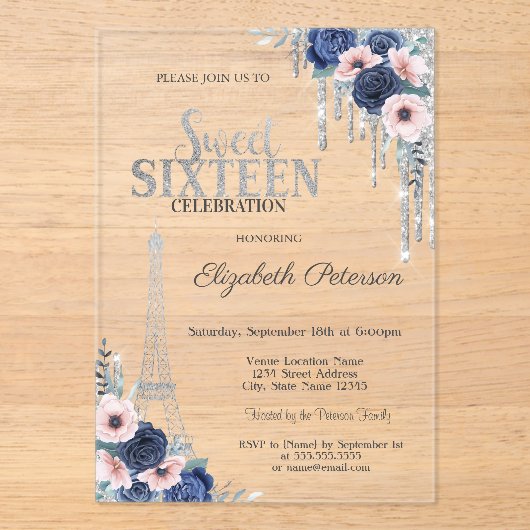 Invitations En Acrylique Parties scintillant, Tour Eiffel Bleu Roses Sweet  (Recto)