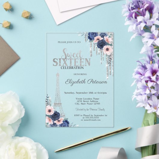Invitations En Acrylique Parties scintillant, Tour Eiffel Bleu Roses Sweet  (Insitu (Mariage))