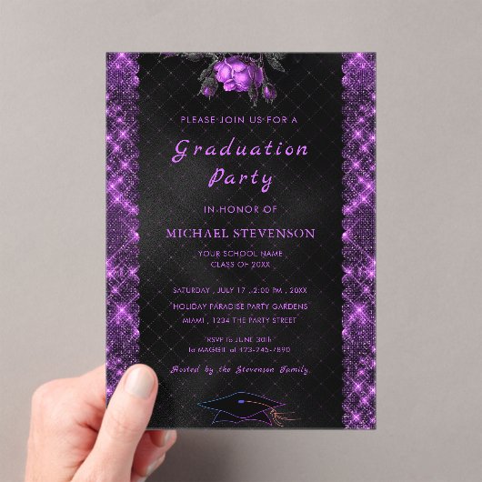Invitations En Acrylique Parties scintillant violet noir Acrylique demande  (In situ (ordinateur de poche))