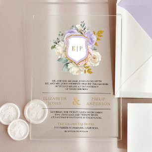 Invitations En Acrylique Pastel Purple Floral Monogram Crest Mariage