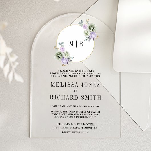 Invitations En Acrylique Pastel Purple Sage Green Floral Wedding