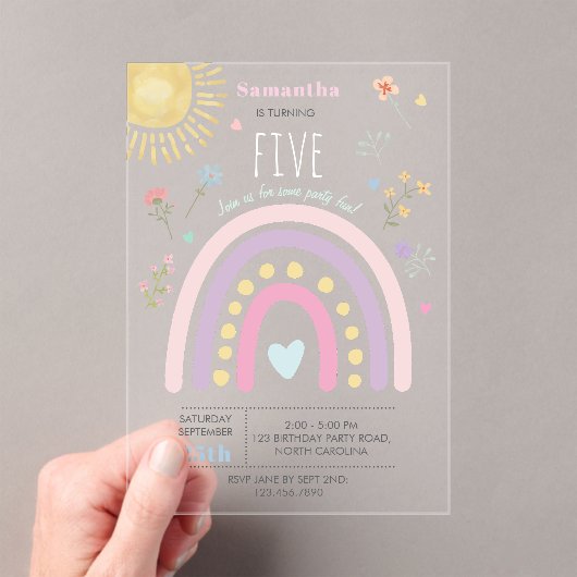 Invitations En Acrylique Pastel Rainbows Coeurs Fleur sauvage filles Annive (In situ (ordinateur de poche))
