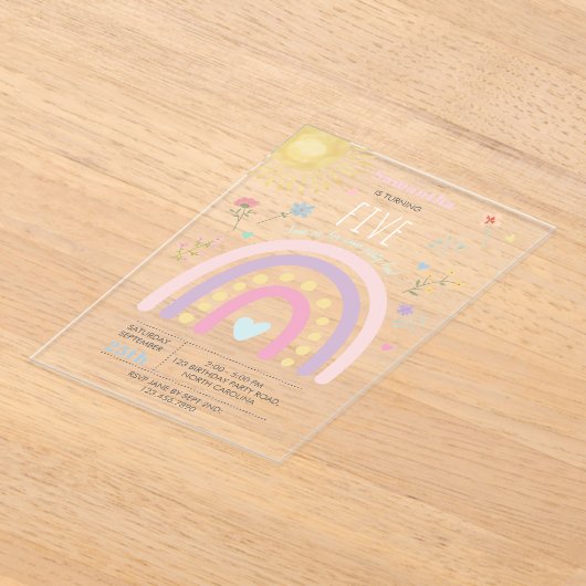 Invitations En Acrylique Pastel Rainbows Coeurs Fleur sauvage filles Annive (Poser)