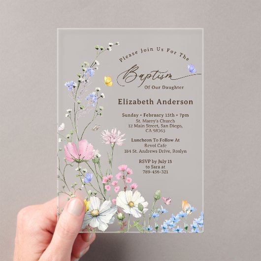 Invitations En Acrylique Pastel Rose & Bleu Fleur sauvage Whimsical Baptême (In situ (ordinateur de poche))