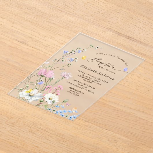 Invitations En Acrylique Pastel Rose & Bleu Fleur sauvage Whimsical Baptême (Poser)