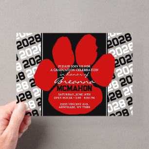 Invitations En Acrylique Pawprint de graduation rouge et noir tendance Clai