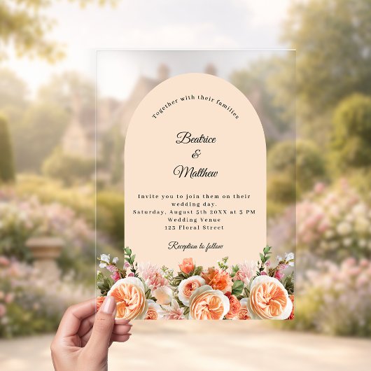 Invitations En Acrylique Peach blush florals arch clear wedding