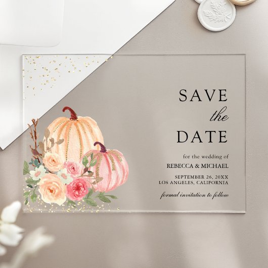 Invitations En Acrylique Peach Citrouille Floral Wedding Enregistrer la dat