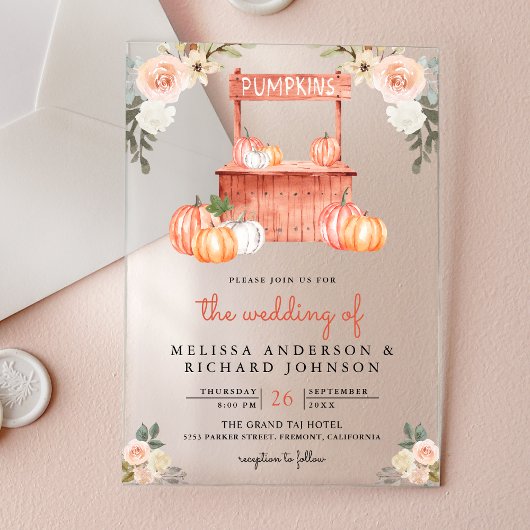 Invitations En Acrylique Peach Floral Pumpkin Market Wedding