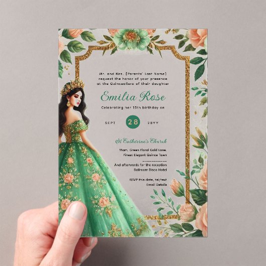Invitations En Acrylique Peach Quinceañera Emerald Robe Mis Quince (In situ (ordinateur de poche))