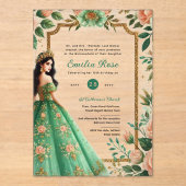 Invitations En Acrylique Peach Quinceañera Emerald Robe Mis Quince (Recto)