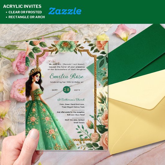 Invitations En Acrylique Peach Quinceañera Emerald Robe Mis Quince