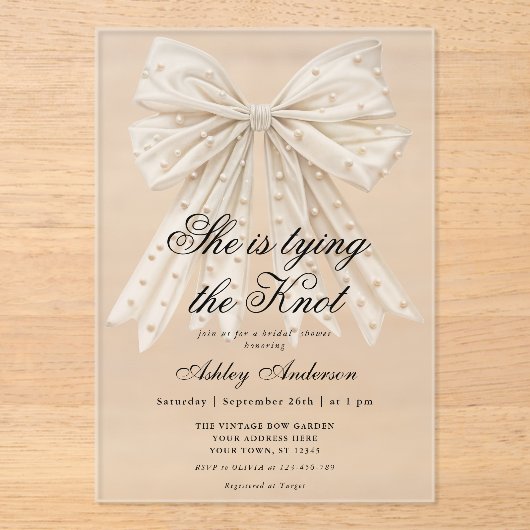 Invitations En Acrylique Pearl Bow Elle noue la douche nuptiale (Recto)
