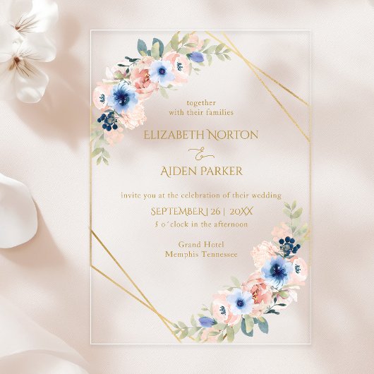 Invitations En Acrylique Pêche, Bleu, Collection de Mariages floraux
