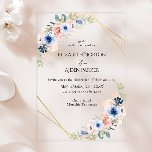 Invitations En Acrylique Pêche, Bleu, Collection de Mariages floraux
