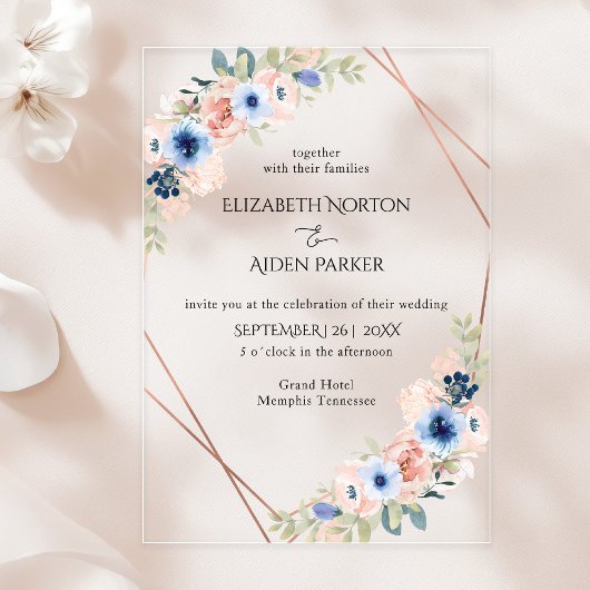 Invitations En Acrylique Pêche, Bleu, Floral Mariage Collection Acrylique